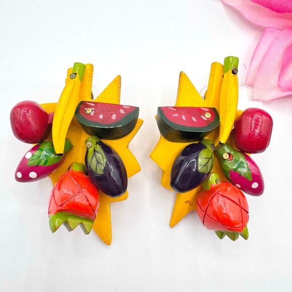 Vintage Huge Fruit Salad Earrings Hand Painted Wood Kitschy Funny Gaudy Wacky - Picture 1 of 12